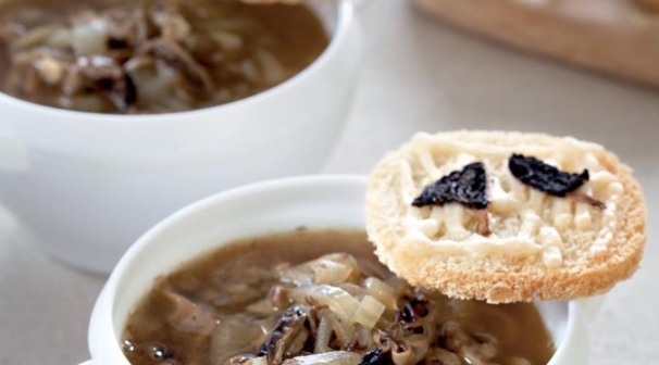 Onion Soup with Morels and Cheese Croutons