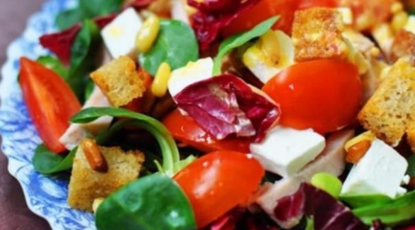 Salad with Cherry, Feta, Lamb, Pine Nuts in a Mix Salad