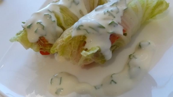 Steam Rolls with Fish and Vegetables and Yoghurt Sauce