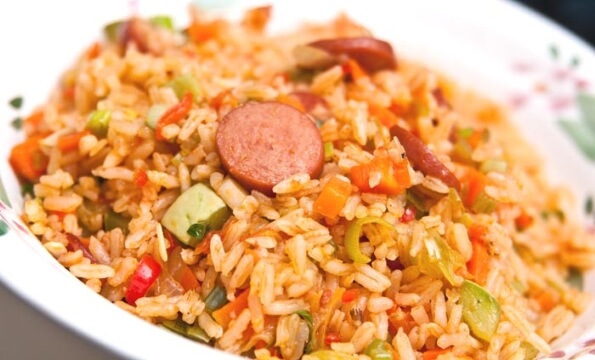 Vegetables with rice and sausages