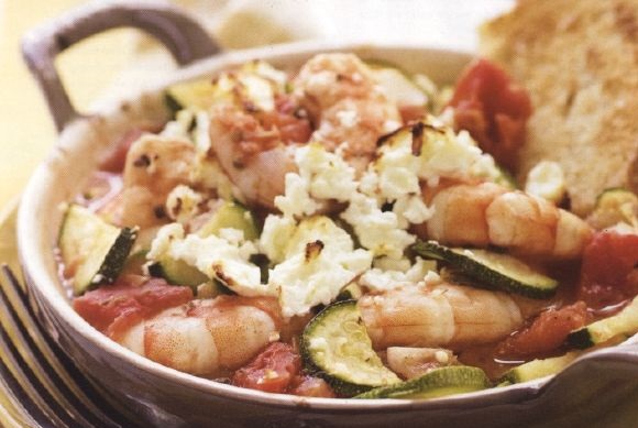Stewed prawns with tomatoes and feta cheese