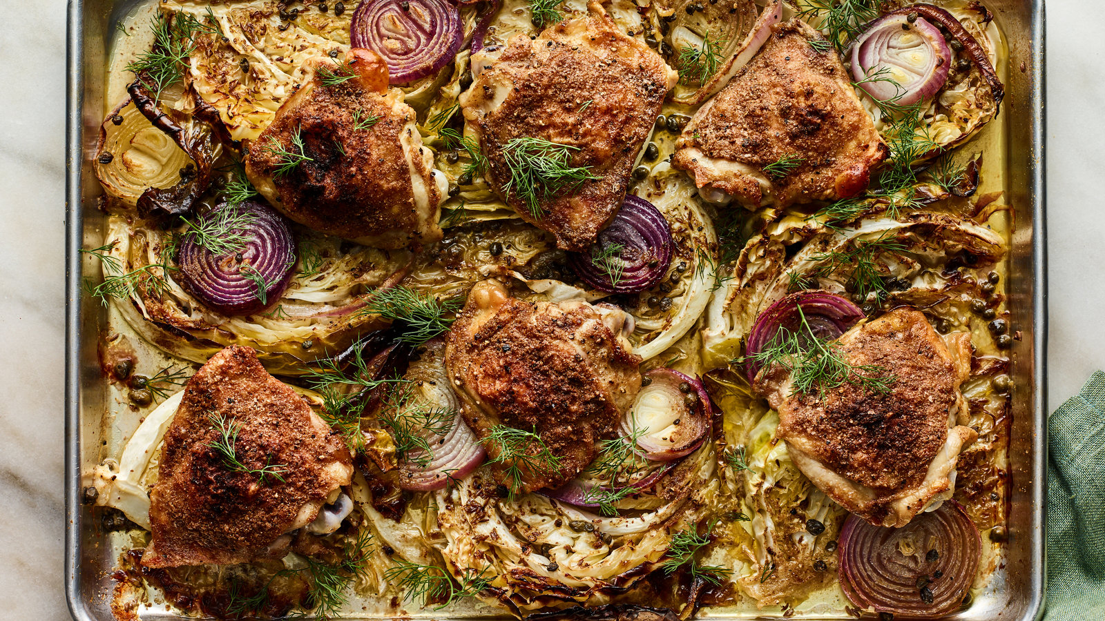 Sheet-Pan Roast Chicken and Mustard-Glazed Cabbage