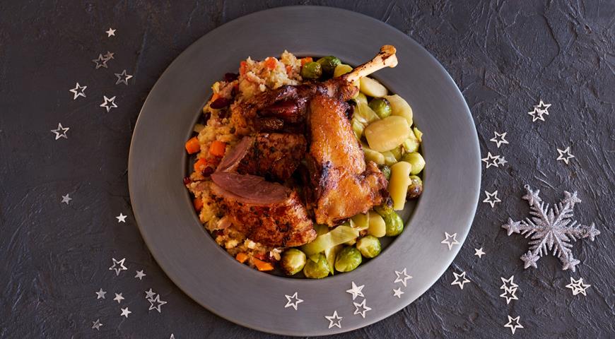 German Christmas Goose with Apples and Brussels Sprouts
