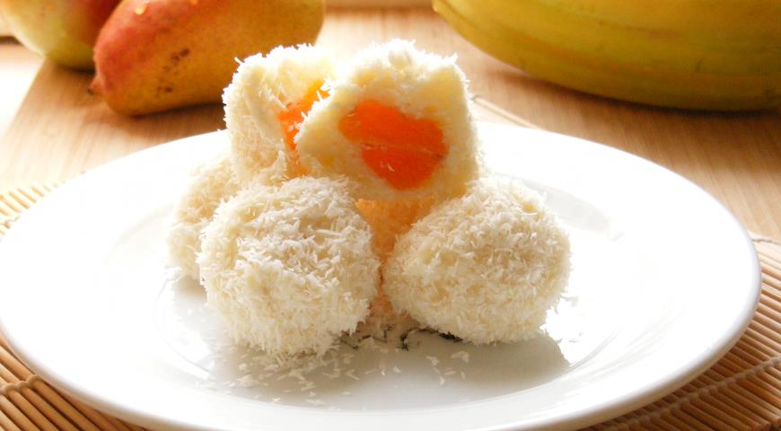 Curd Balls with Dried Apricots in Coconut Flakes