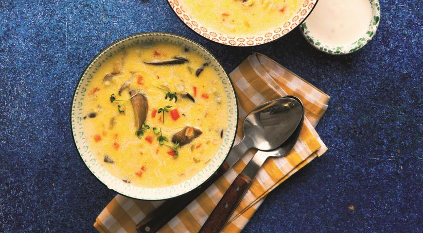 Creamy soup with millet and oyster mushrooms