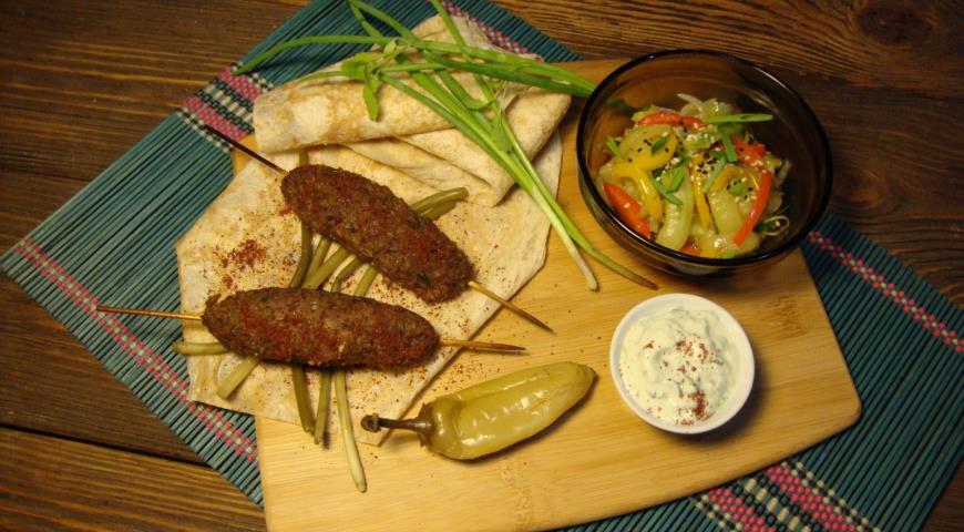 Beef Kabob with Tsakhton Sauce and Korean Style Cucumbers