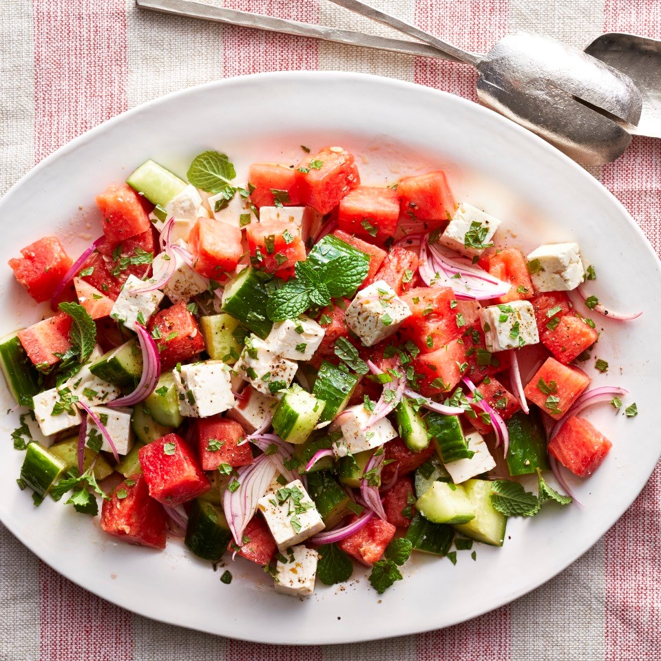 Salad with watermelon, feta cheese and cucumber