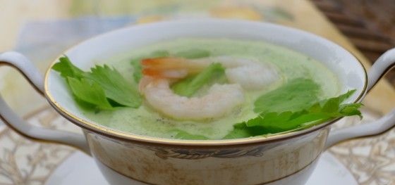 Cream soup with celery, basil, young peas with shrimps