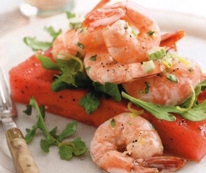 Shrimp and arugula salad with watermelon