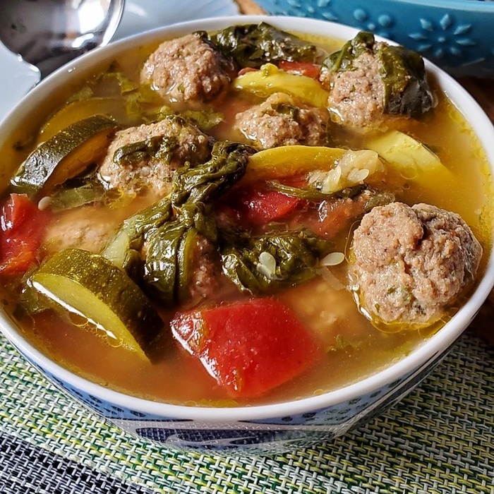 Keto soup with meatballs and vegetables