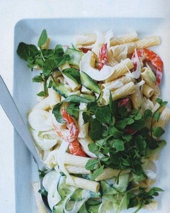 Pasta with shrimp, fennel, cucumber and watercress