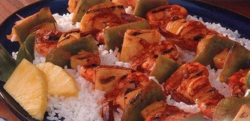 Shrimp, bell pepper, onion and pineapple kebabs