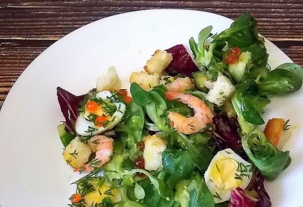 Shrimp salad with fresh cucumbers and red caviar