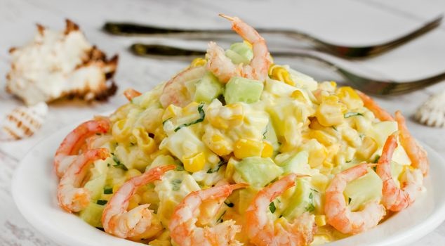 Shrimp, rice, corn and cucumber salad