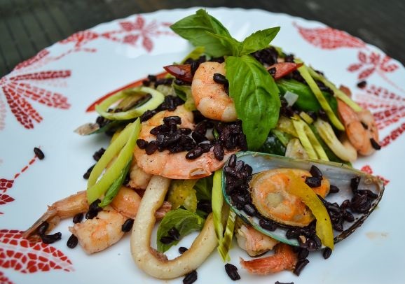 Seafood salad with black rice