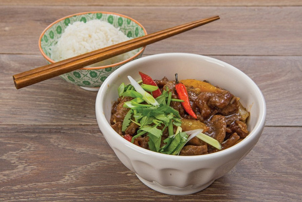 Lamb with vegetables in Chinese style on jasmine rice