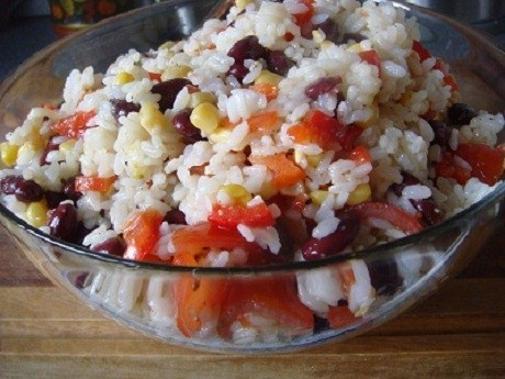 Rice, red bean, corn and cherry tomato salad