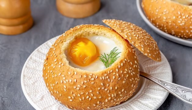 Fried eggs in a bun, with mushrooms and cheese (in the oven)