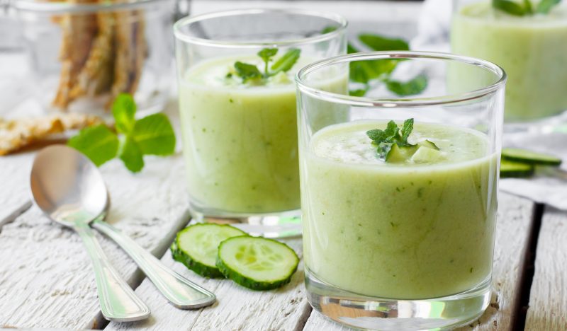 Cold cream soup with cucumber, avocado and mint
