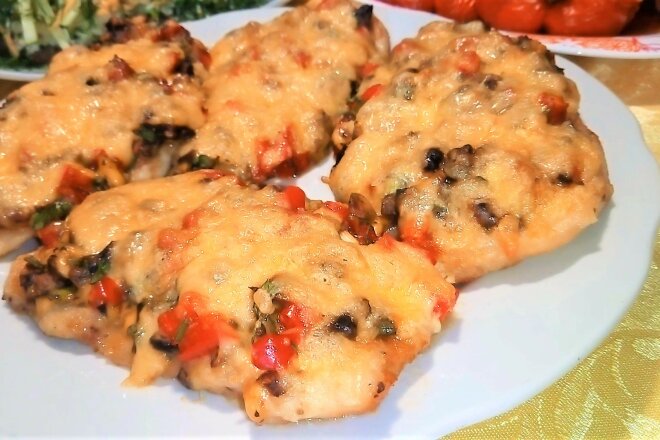 Chicken Fillet Chops With Mushrooms And Cheese In The Oven