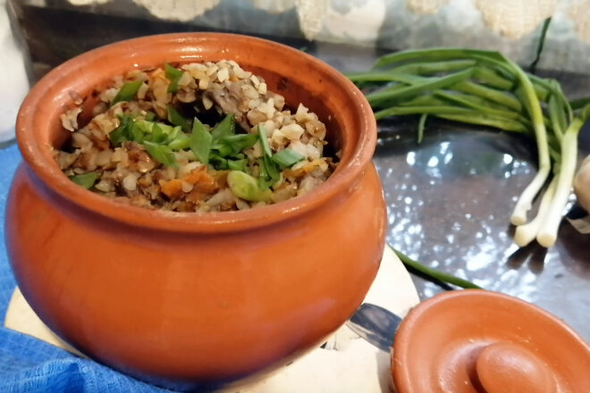 Buckwheat Porridge With Liver In A Pot