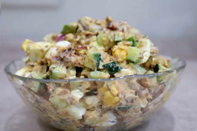 Salad With Canned Saury, Egg And Cucumber