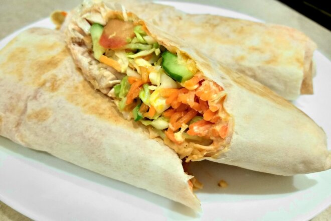 Shawarma With Chicken, Korean Carrots And Vegetables