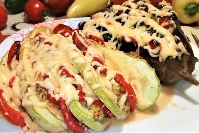 Fan-Baked Eggplants And Zucchini With Cheese