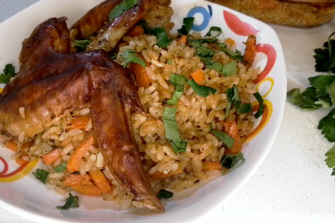 Rice With Vegetables And Chicken Wings In The Oven