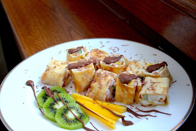 Pancake Rolls With Curd Filling And Fresh Fruit