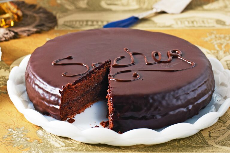 Sachertorte: A rich chocolate cake layered with apricot jam and covered in dark chocolate glaze.