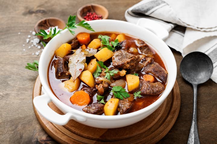 Gulasch: A hearty beef stew with onions, paprika, and various spices, often served with bread or dumplings.