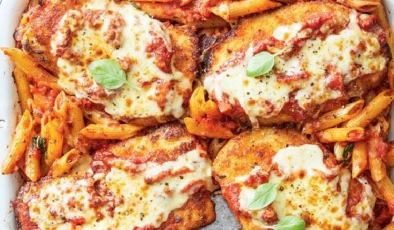 Chicken Parmigiana: Bread and pan-fry chicken breast, top with tomato sauce, cheese, and bake until melted.
